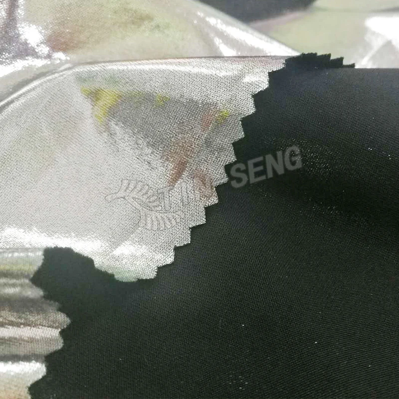 Black Silver Metallic Foil Fabric , Stretch Poly Span Foil Fabric