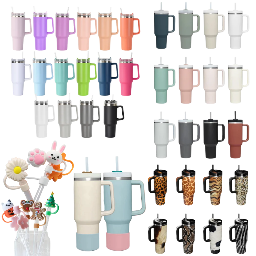 stainless steel 40oz stanlys tumbler with BPA free silicone bottom protective sleeve and dustproof strawcap customize Leopard