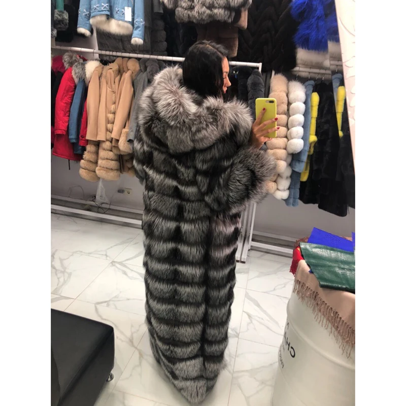130cm Long Real Fox Fur Coat With Hood Thick Warm Natural Fur Coats Women Outwear Luxury 2021 Trendy Female Fur Overcoats