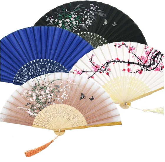 Handheld Floral Folding Fans Hand Held Fans Silk Women Hollowed Hand Foldable Bamboo Fans with Tassel