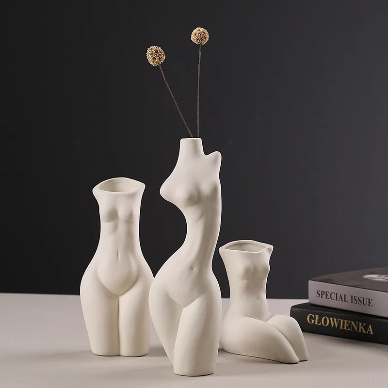 Simple Nordic Dry Ceramic Porcelain Female Human Naked Body Flower Vase Indoor Home Decoration Studio Decoration