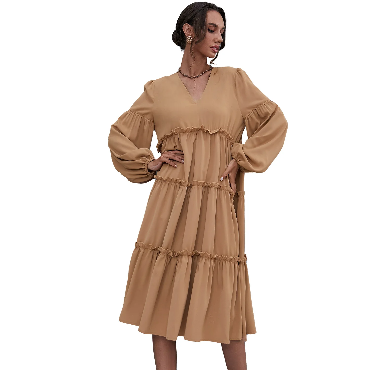Casual style balloon sleeve v neck pleated tiered A line big hem long midi dresses for holiday