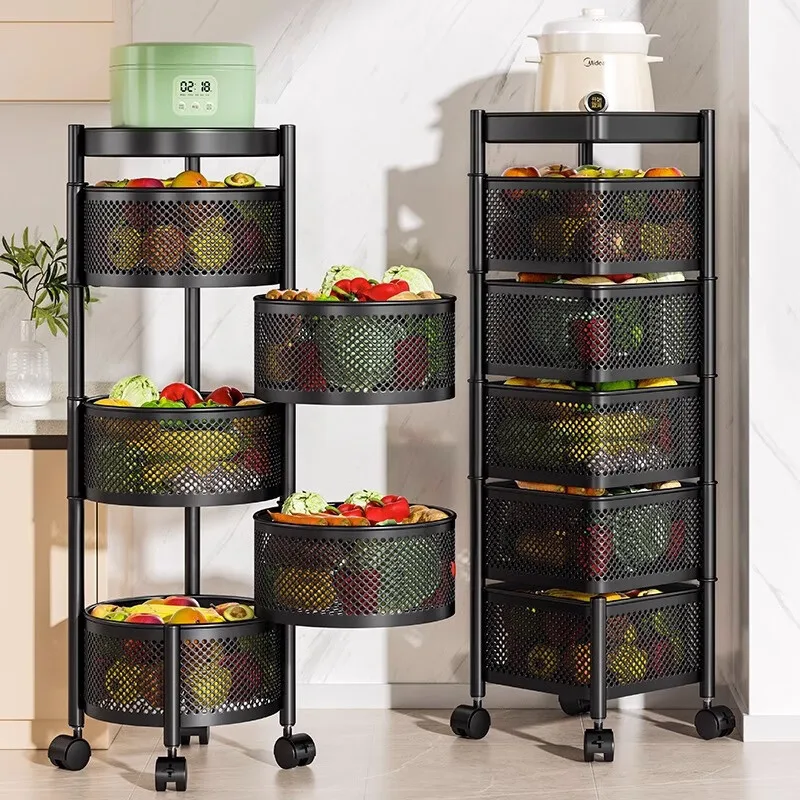 Kitchen storage rotatable shelf 3 4 5 Layer Rotating Practical Trolley Kitchen Square Shelf With Wheel Storage Rack