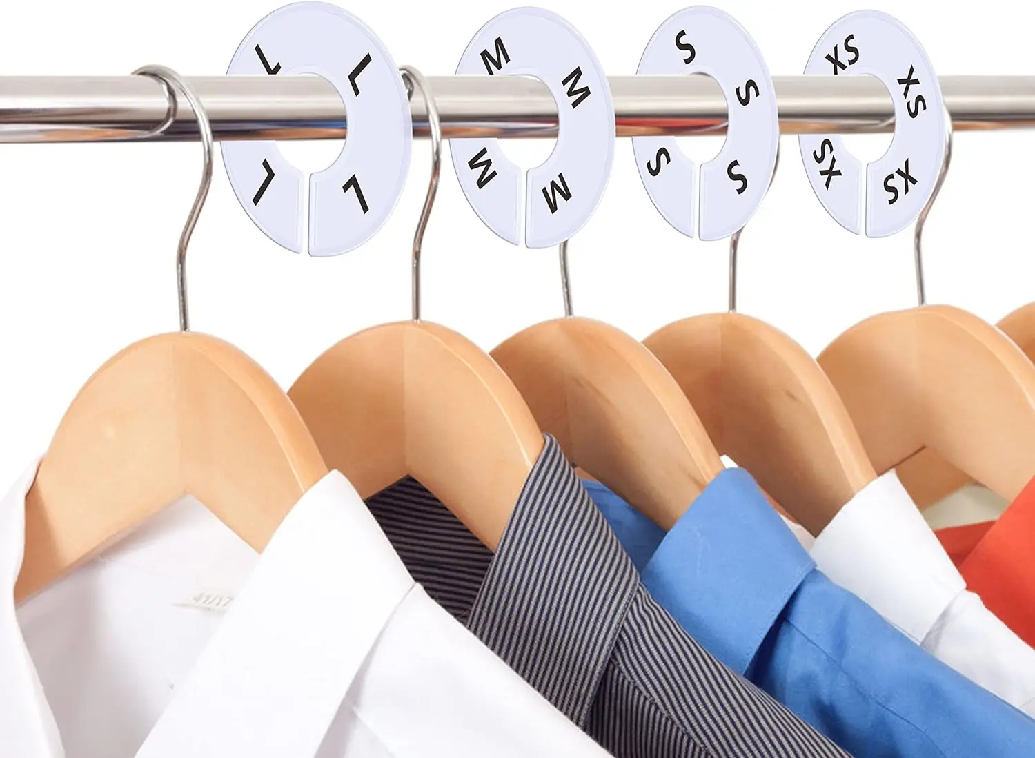 Vantasii 40 Pack Round White Plastic Clothing Size Closet Rack Dividers Hangers, Preprinted in 8 Sizes XXS, XS, S, M, L, XL, XXL