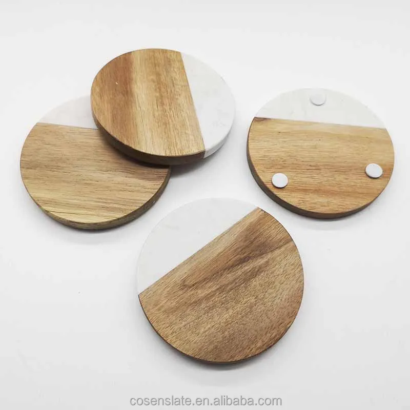 Kitchen Table Decoration Drink Round Acacia Wooden and Marble Coaster