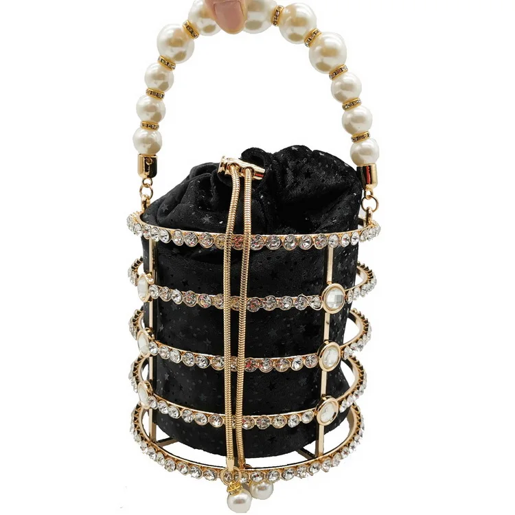 
Fashion Shinny Luxury Party Women Pearl Rhinestone Chains Bucket Metal Evening Handbag Clutch Bag Crystal Wedding Handbags 