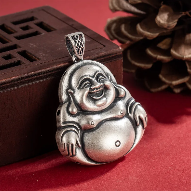 Chinese-style S999 full-foot silver vintage Maitreya Buddha pendant necklace to make old matte Buddha brand national wind Buddha