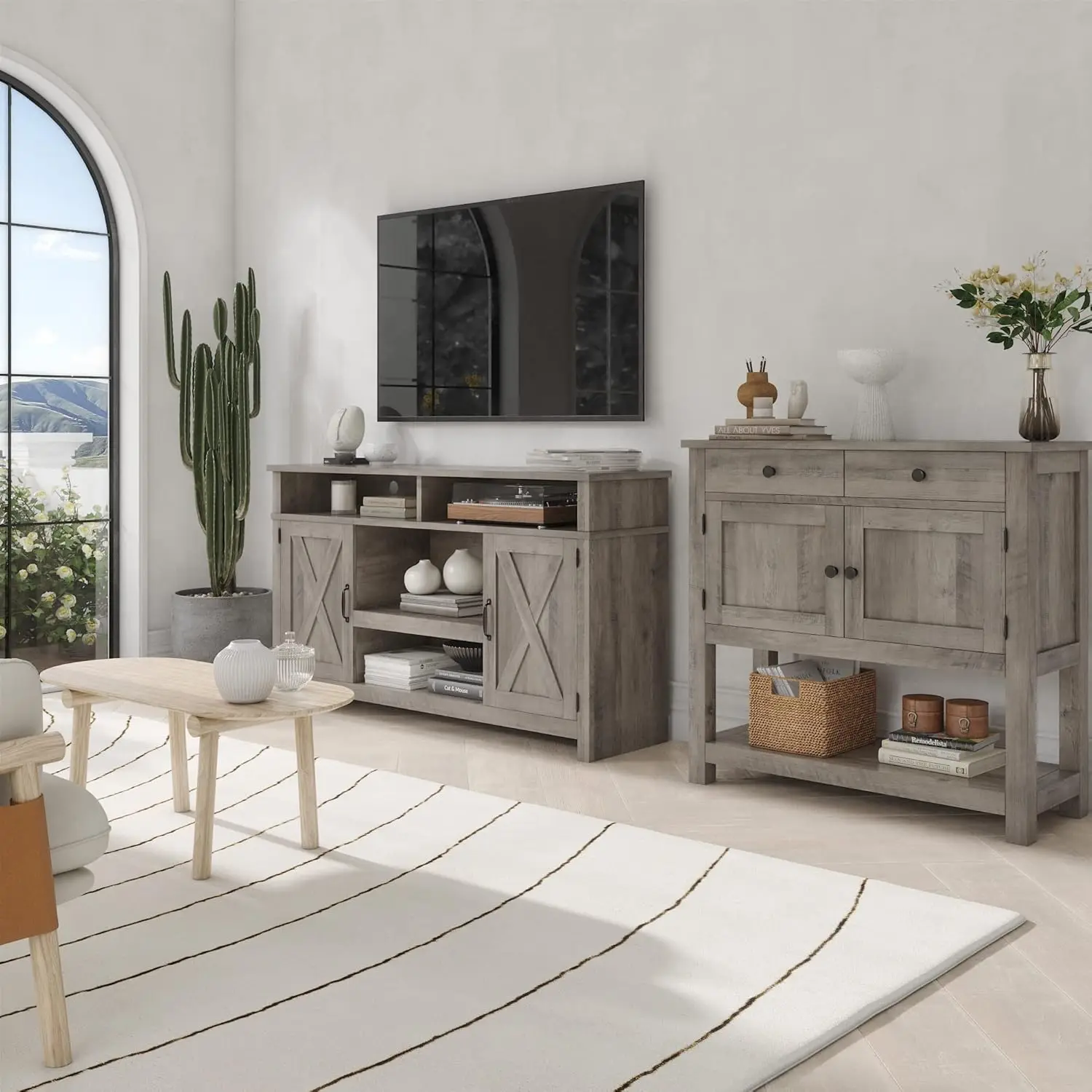 Farmhouse Console Table 2-Door Cabinet 2 Drawers Coffee Bar Entryway Storage Shelf Sofa Tables Buffet Sideboard Living Room
