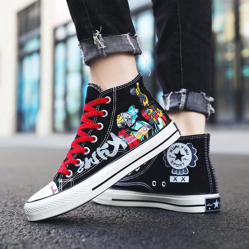 2021 new hot-selling high-top canvas shoes for men and women Korean version trend wild graffiti couple casual shoes
