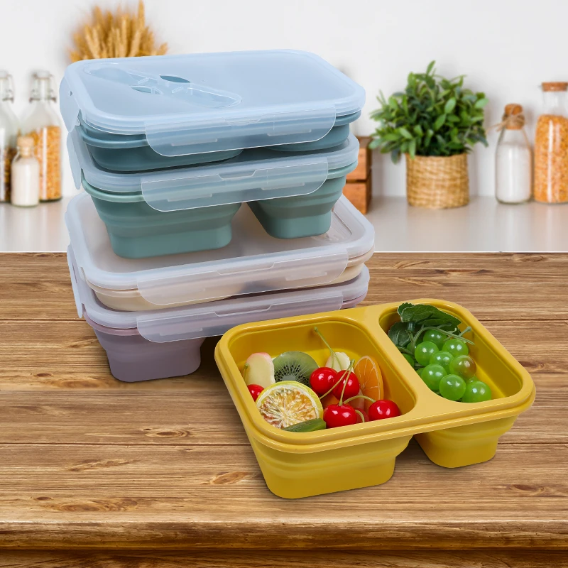 Insulated Portable Lunch Box Microwave Safe 3 Compartment Customized Silicone 1000ml Lunch Box