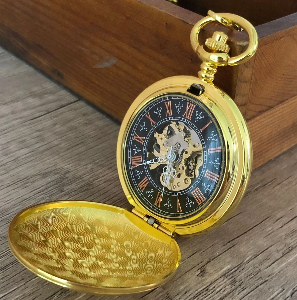 Roman Double Face Heart Gold Manual Mechanical Pocket Watches