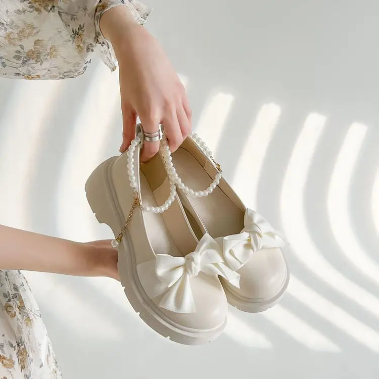 French Marilyn Jane Shoes for Girls Spring and Autumn New Pearl Bow Girl Single Shoes Thick Heel Fairy Style Lefu Shoes
