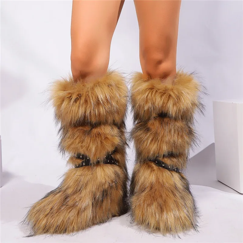 New Design leather Belt button faux fur boots women winter high boots with furry fur women winter