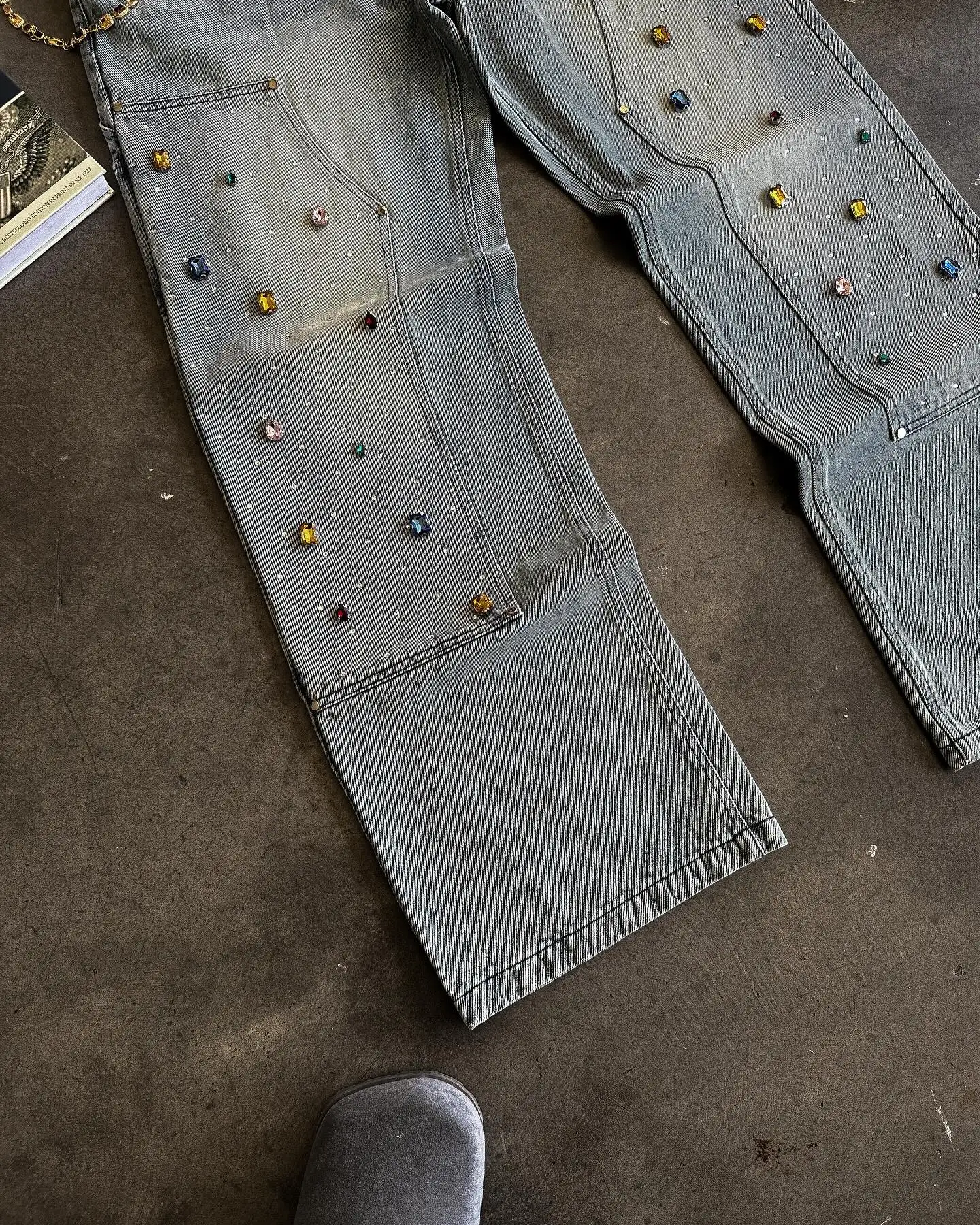 Designer Distressed Straight Acid Wash Baggy Cargo Jeans Unisex Wide Leg Pants Rhinestone Double Knee Denim Carpenter Pants Men