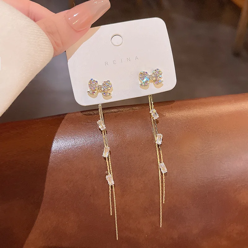 Temperament Fringe Rhinestone Earrings Bling Bling Earrings Bow Fashion Jewelry Stud Earrings