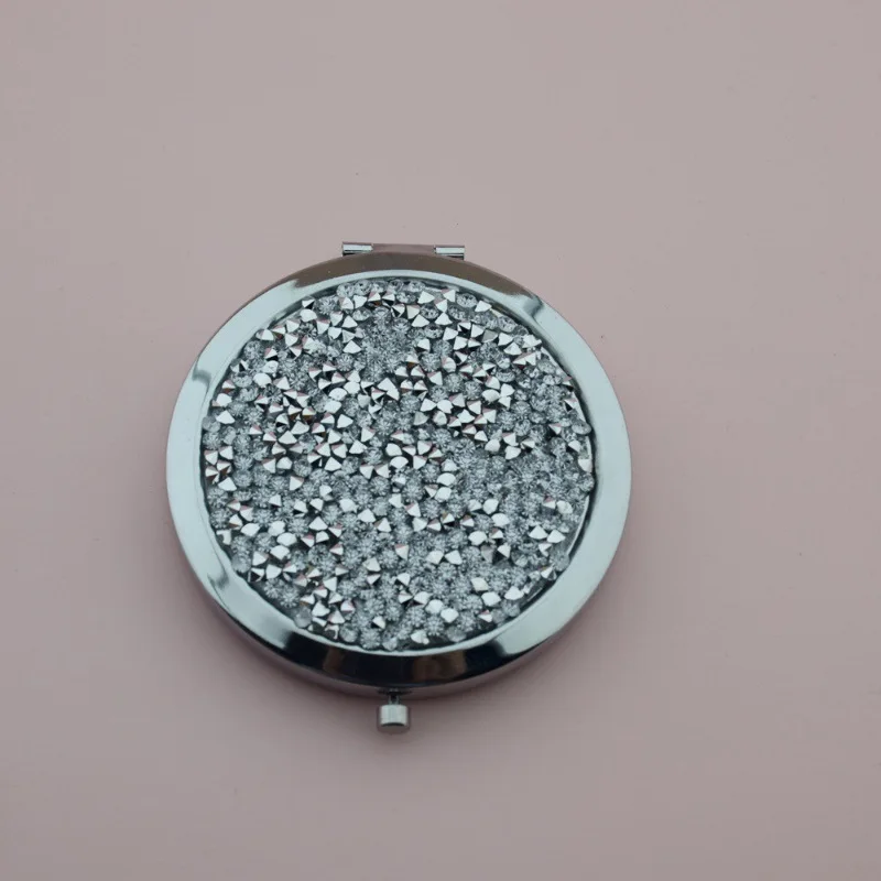 Custom Bling Crystal Rhinestone Diamond Portable Mini Folding Round Pocket Makeup 1x 2x Magnifying Mirrors Gold Silver Compact