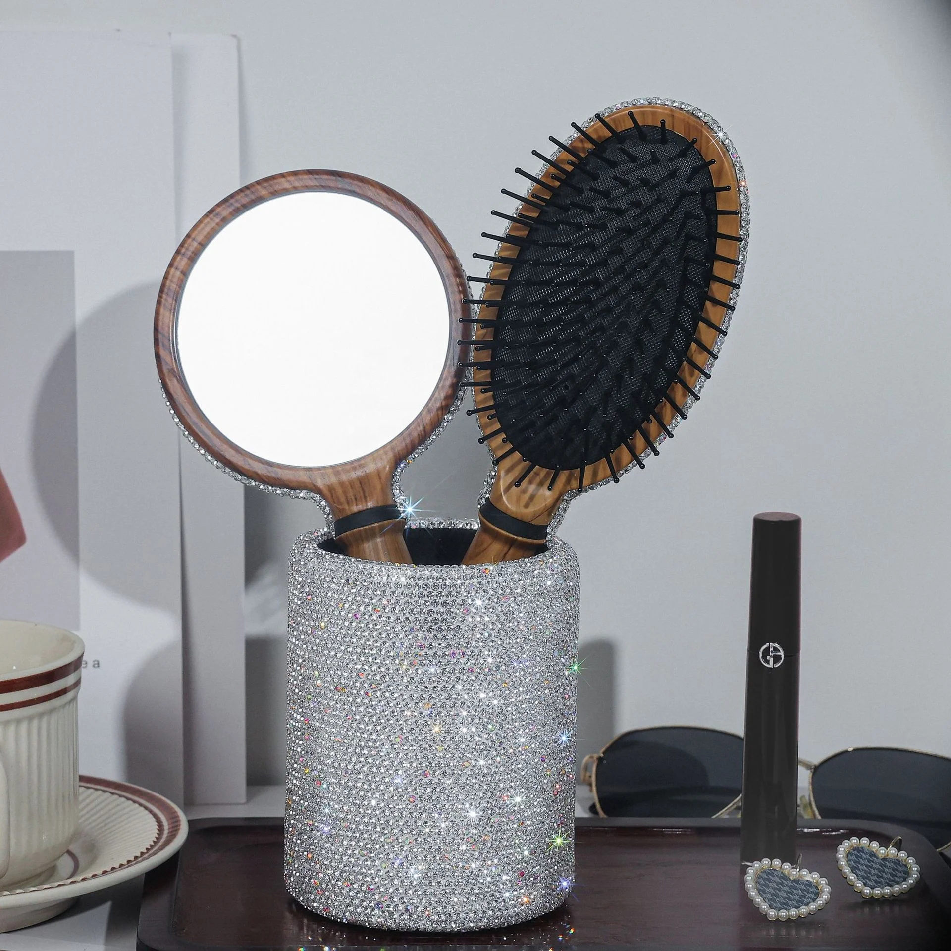Luxury Diamond Air Cushion Comb Bling Diamond Rhinestone Makeup Handheld Mirror European Makeup Tools Makeup Brush Set Holder