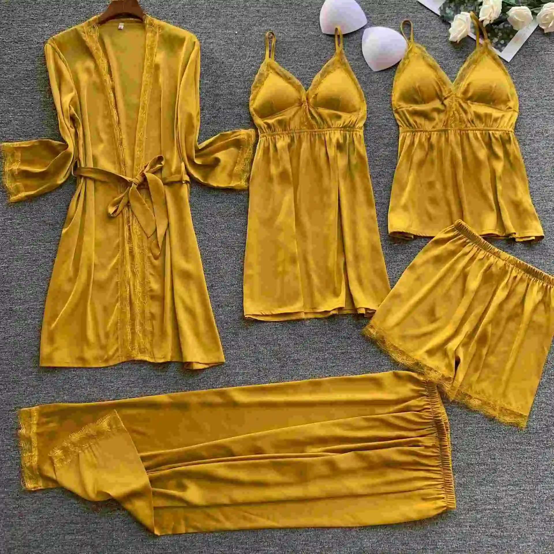 
NEW ARRIVAL wholesale 5 piece Satin Robe sets sexy lace babydoll for women summer lingerie Silky cami pajama set 