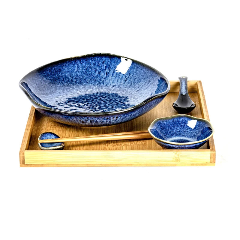 China Ceramic Factory Porcelain Japanese Ramen Bowl with Soy Sauce Dish and Ceramic Spoon