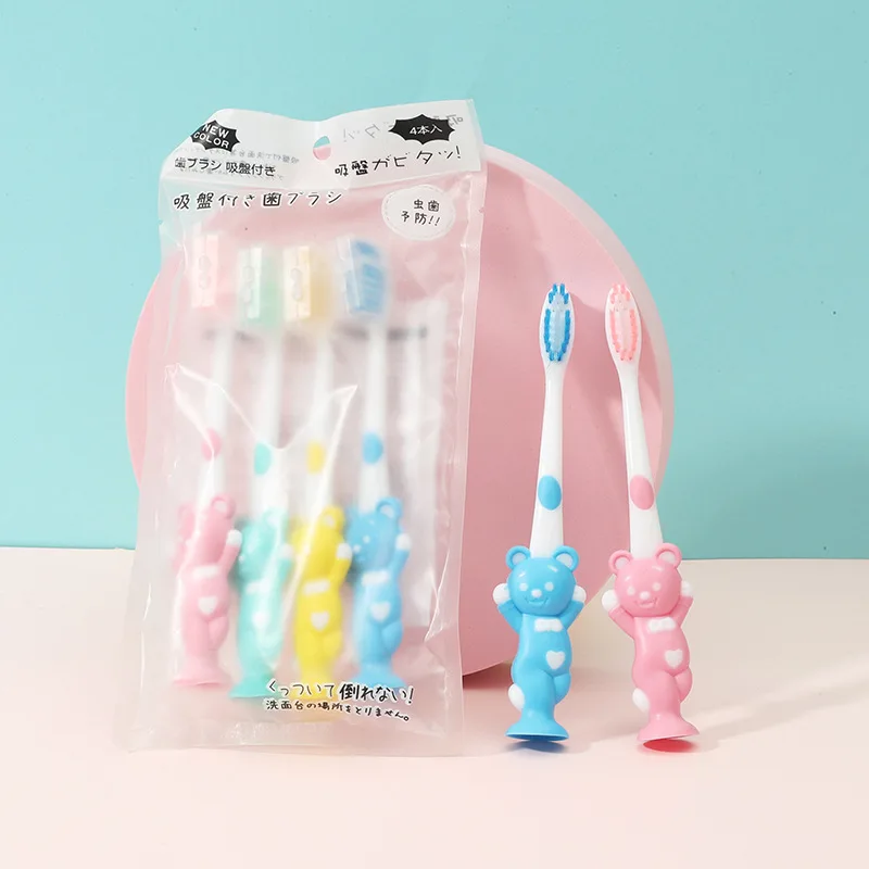 4 Pack Soft Bristles Kids Toothbrushes Rabbit Bear-Shaped Child Cartoon Toothbrush with Suction Cup Base