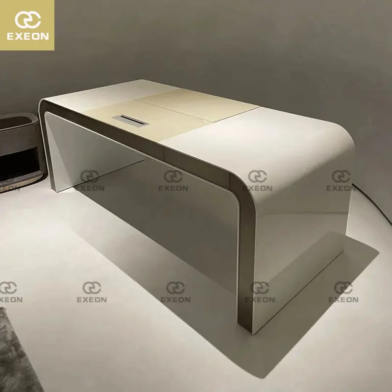 Modern Design Luxury Wooden European Home Office Desk Gold Stainless Steel Microfiber Leather Modern Design Study Desk