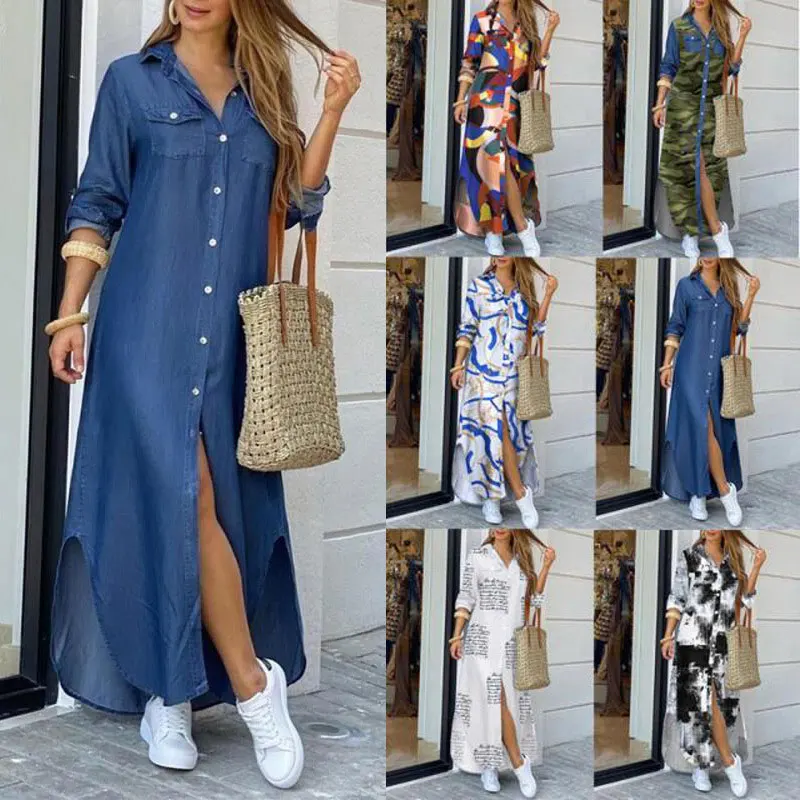 Hot Selling Woman Shirt Dress Fashion Printed Woman Long Dress Fall Clothing For Women Casual Dresses