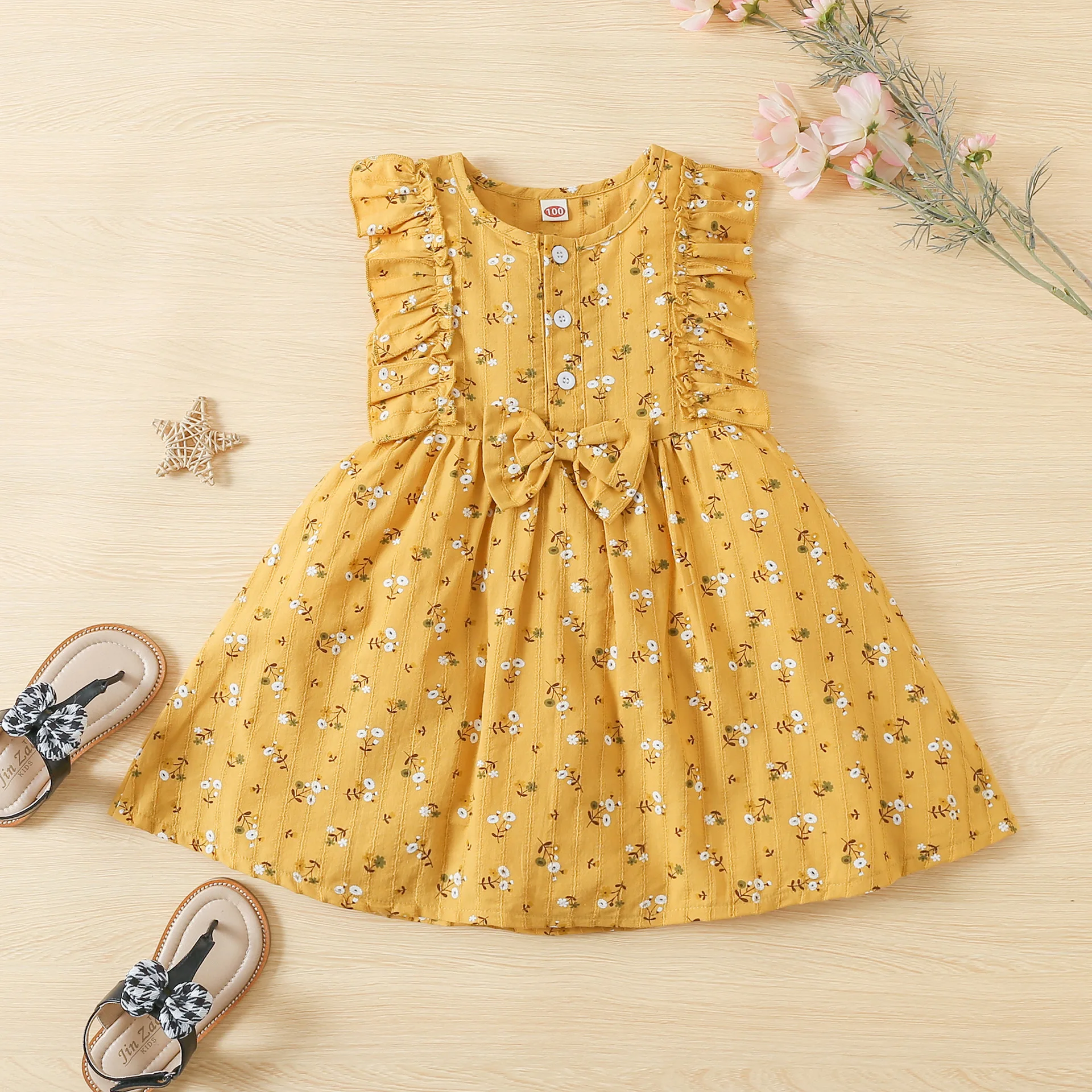 2022 Toddler Baby Girls Sleeveless Ruffles Floral Printed Bowknot Princess Dress New Summer Casual Newborn Infant Clothing