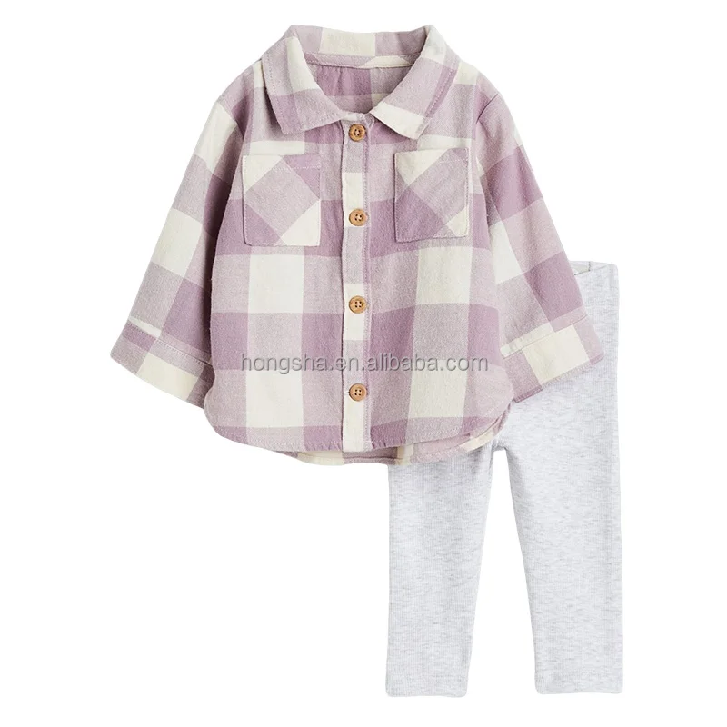 Organic Cotton Baby Clothing Sets Pocket Details Plaid Shirt And Elastic Waist Kids Sets Two Piece Toddler Girls Clothing Sets