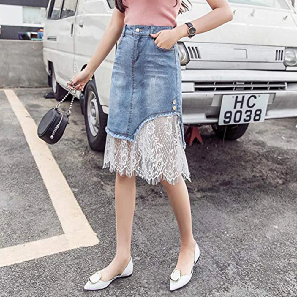 Elegant embroidery denim lace dress long knee-length skirts for ladies