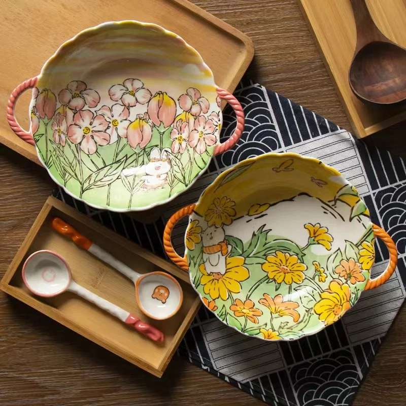 ins flutter butterfly pink rabbit double ear bead soup bowl household fruit and vegetable salad bowl