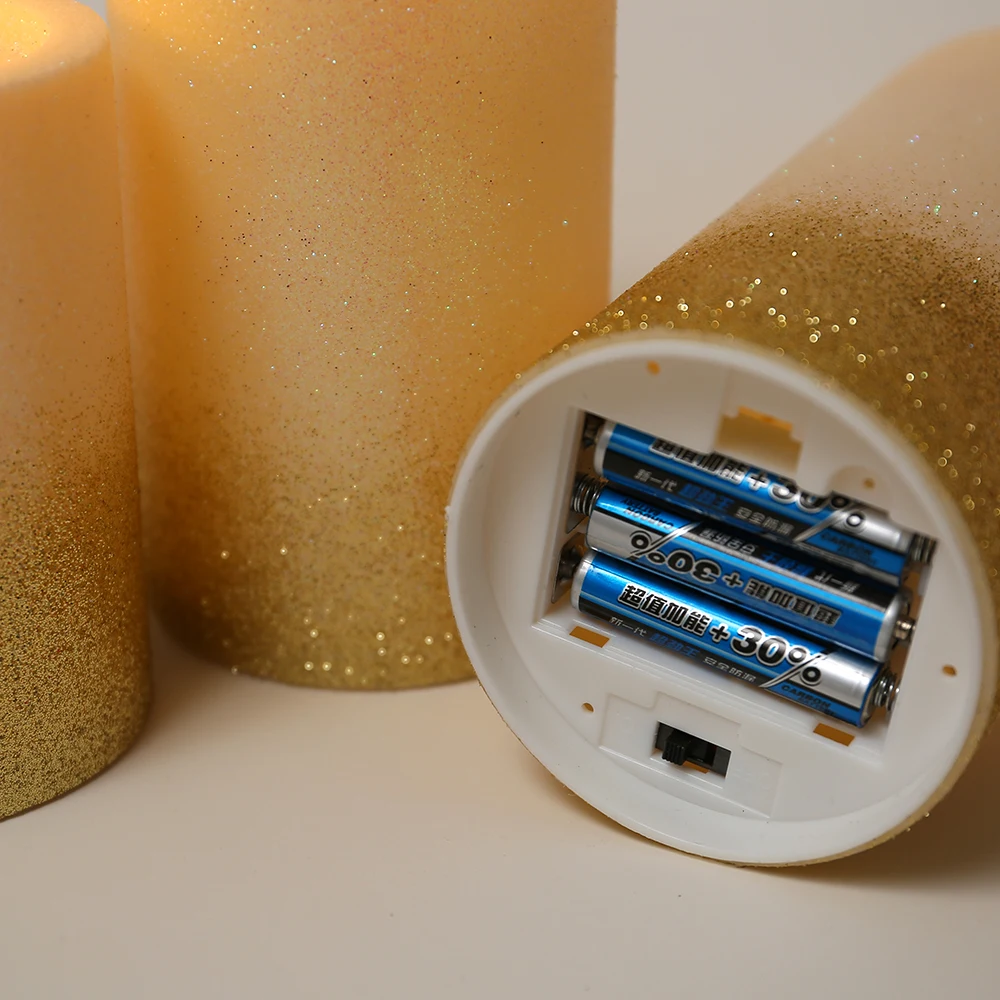 New Arrival  3D Real Plastic Gold Dust Design Led Flameless Candle Lights For Home Garden Wedding Favors