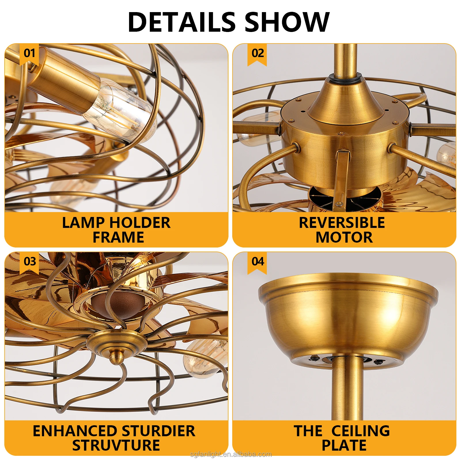 Copper Motor Gold Vintage Decorative Caged Ceiling Fan Remote Control Industrial Style Bladeless Led Ceiling Fan With Light