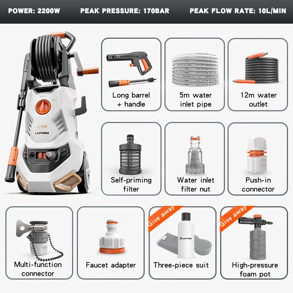 2200W Portable Car Washer High-Pressure 170 Bar Type Dirty Cleaning Car Wash Machine