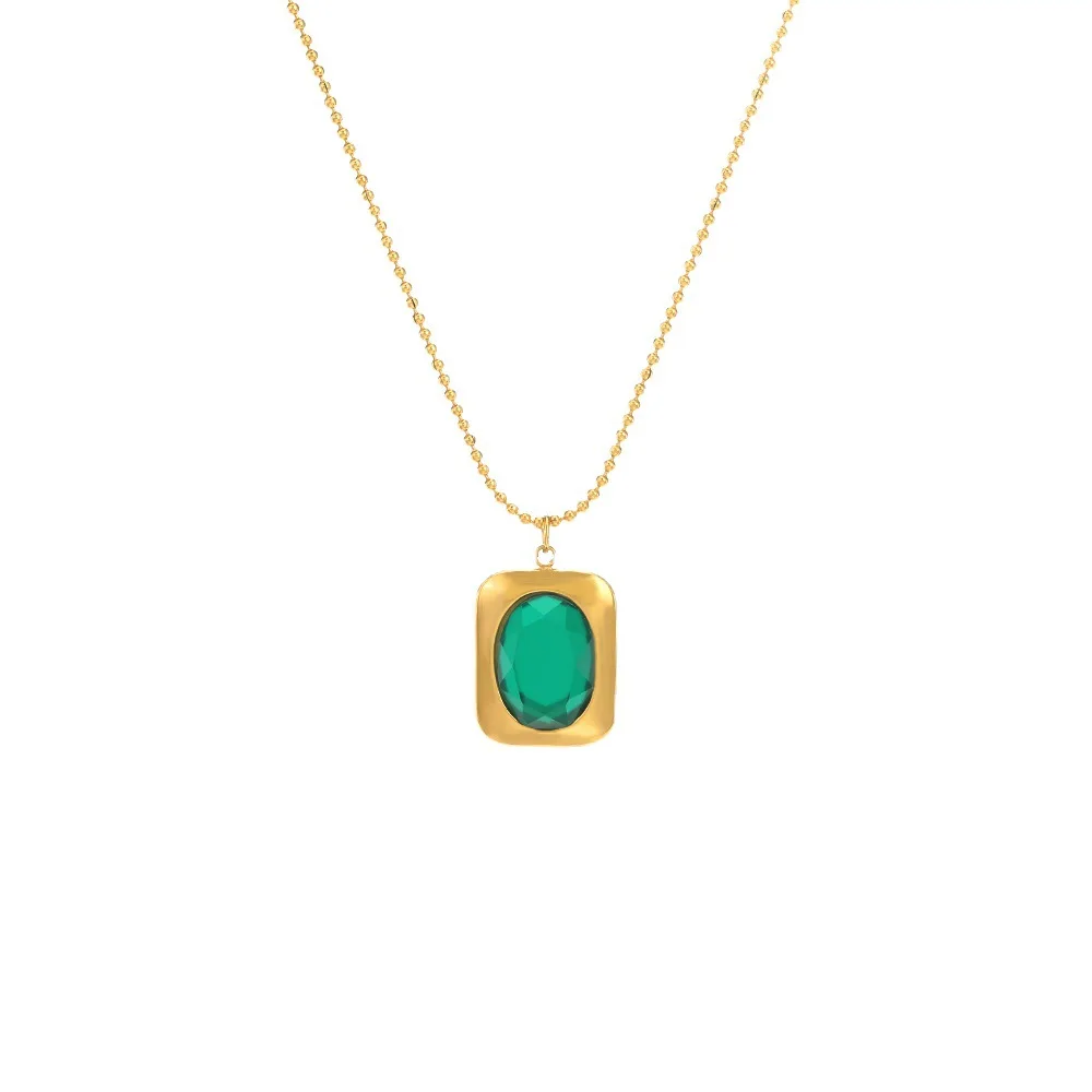 Luxury French Emerald Jewelry Geometrical Mother of Pearl Green Stone CZ Pendant Waterproof Gold Plated Stainless Steel Necklace