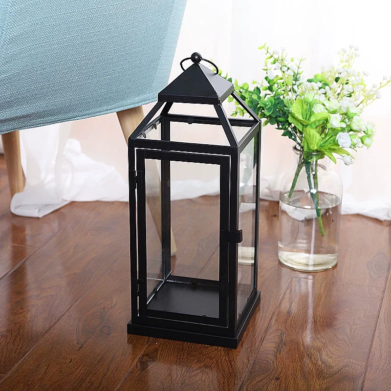 Beeman Black Iron Framed Metal Candle Holder Glass Panels Metal Lantern Candle Lantern For Home Wedding Decoration