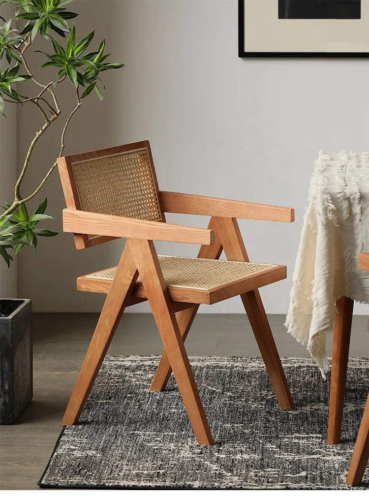 Rattan chair Nordic ancient style Japanese solid wood back home middle armrest log chair