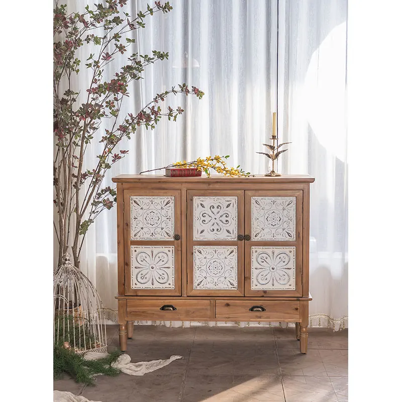 Wabi Sabi Style Living Room Furniture Craft Design 3 Doors Sideboard Rustic Wood Storage Cabinet With 2 Drawers