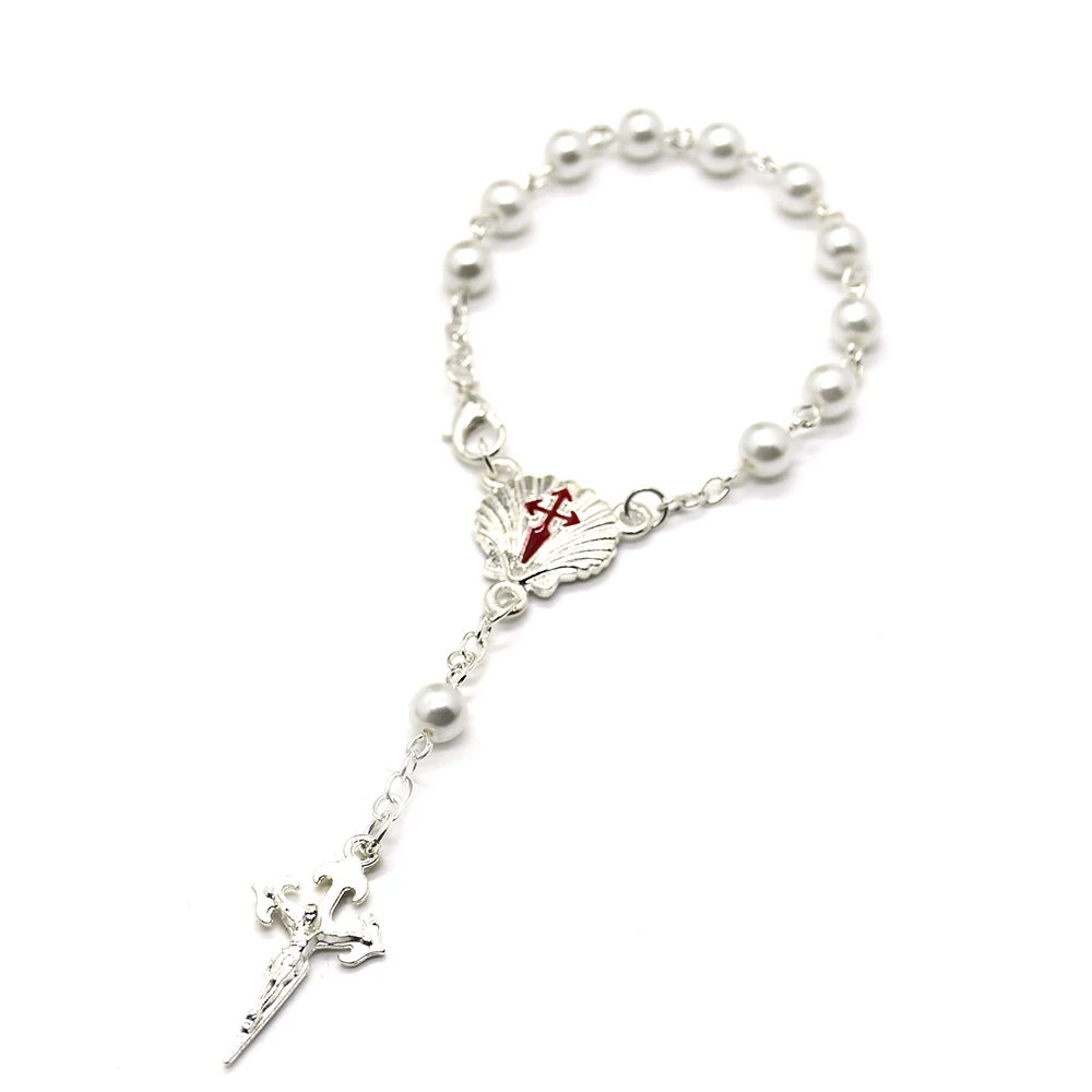 Glass Pearl Beads Shell Cross Rose Rosary Bracelet Religious Catholicism Gift Prayer Car Rosaries