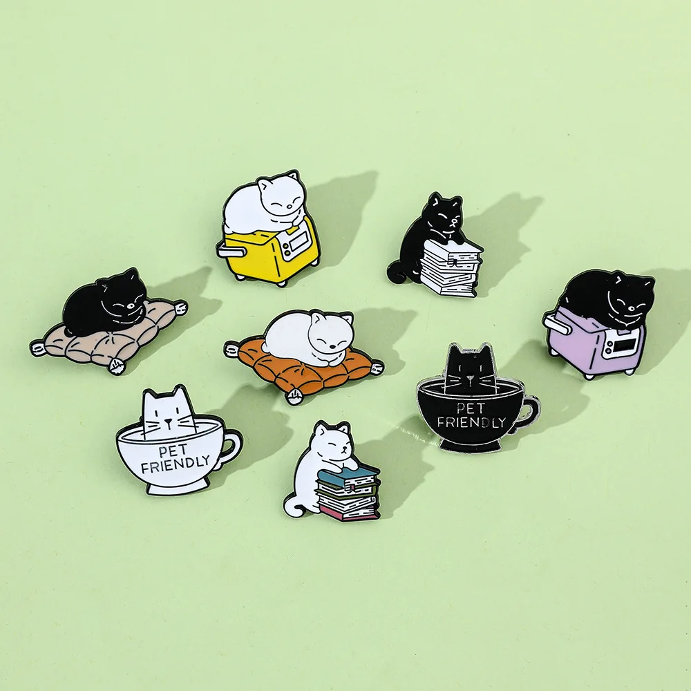 Cute cartoon cat badge reading a book drinking coffee cute cat cat custom alloy oil drop pin