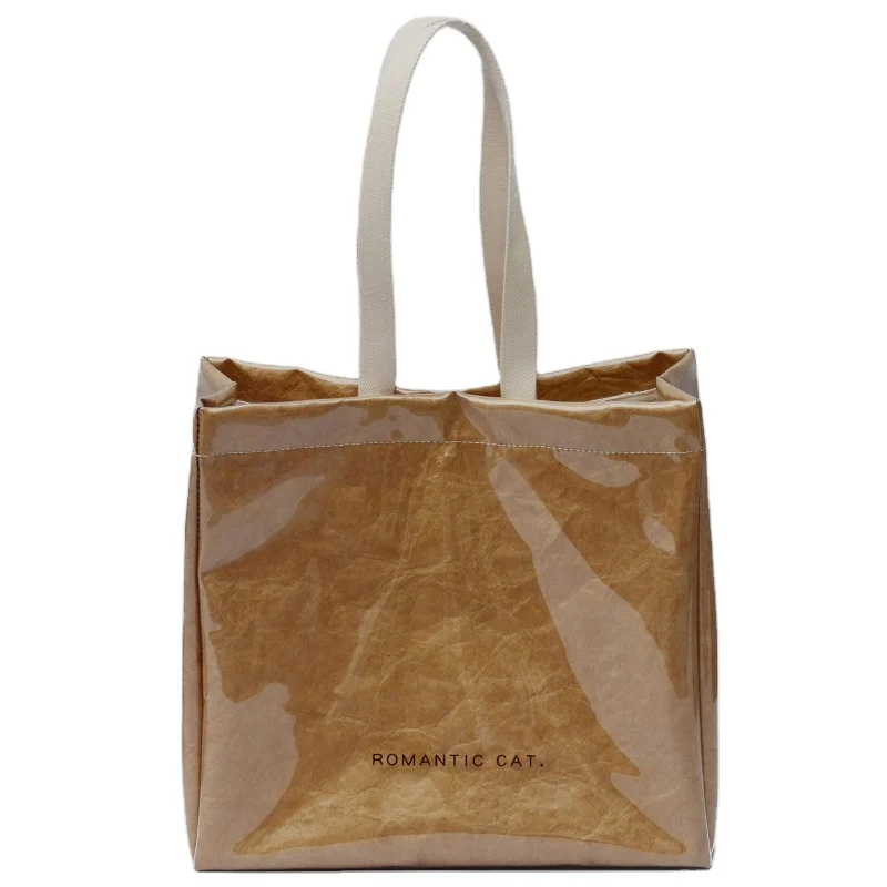 custom logo letter printed kraft paper lining with pvc cover tote waterproof eco reusable tyvek paper shopping tote bags