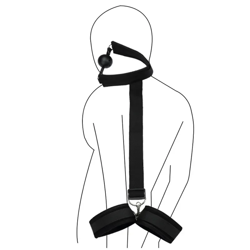 Bondage Gear Ribbon Material Bondage Kit Black Handcuffs with Mouth Ball Set Toys for Women