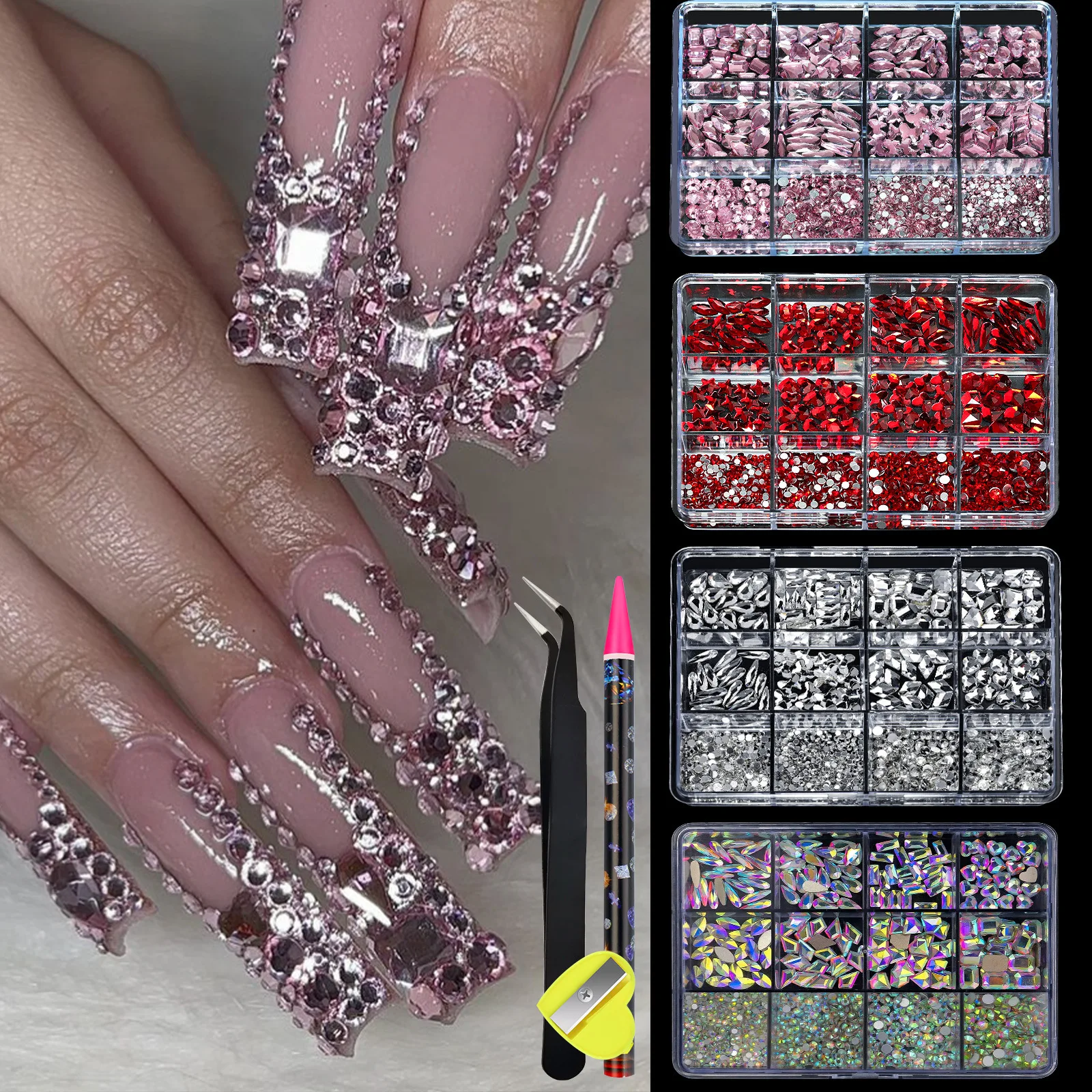 Luxury 3D Mixed Nail Piercing Charms Red Green Pink Custom Logo Nail Charm Rhinestone Bulk With Free Tool