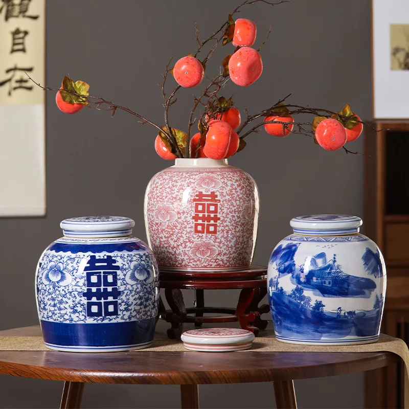 Jingdezhen Blue White Happy Word Vase Porcelain Chinese Ink Ceramic Ornaments for Home Decor Wedding Desktop Flower Arrangement
