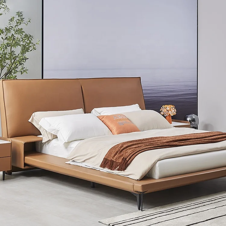 Imported Nappa Lychee Pattern Cow Skin Leather King Size Bed Frame Upholstered Bed With Bedside Table