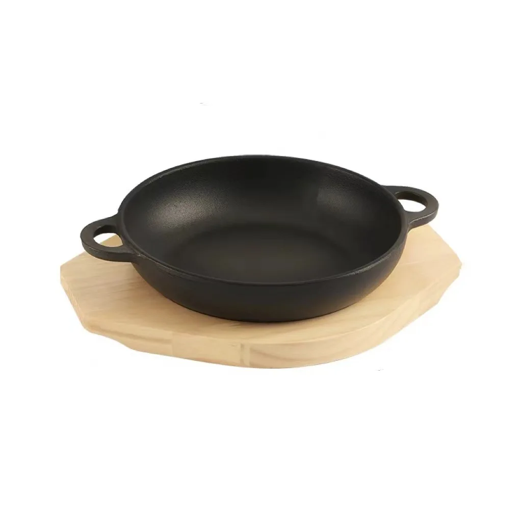 Hot Selling Mini Full Size Cast Iron Square Fry Pan Sizzling Steak Pan With Wooden Base Home and Kitchen Cooking Egg Fry Pan