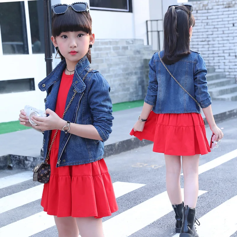 Hao Baby New Children Suit Spring And Autumn Cross-border Big Kids Denim Jacket Solid Color Dress Long-sleeved Girls Two-piece