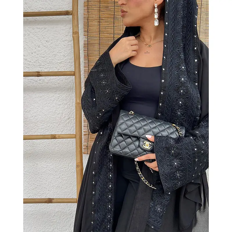 2024 New Custom Popular Linen Women Clothing Abayas 2 Pieces Embroidered  Attached Abaya Islamic Linen Clothing for Women