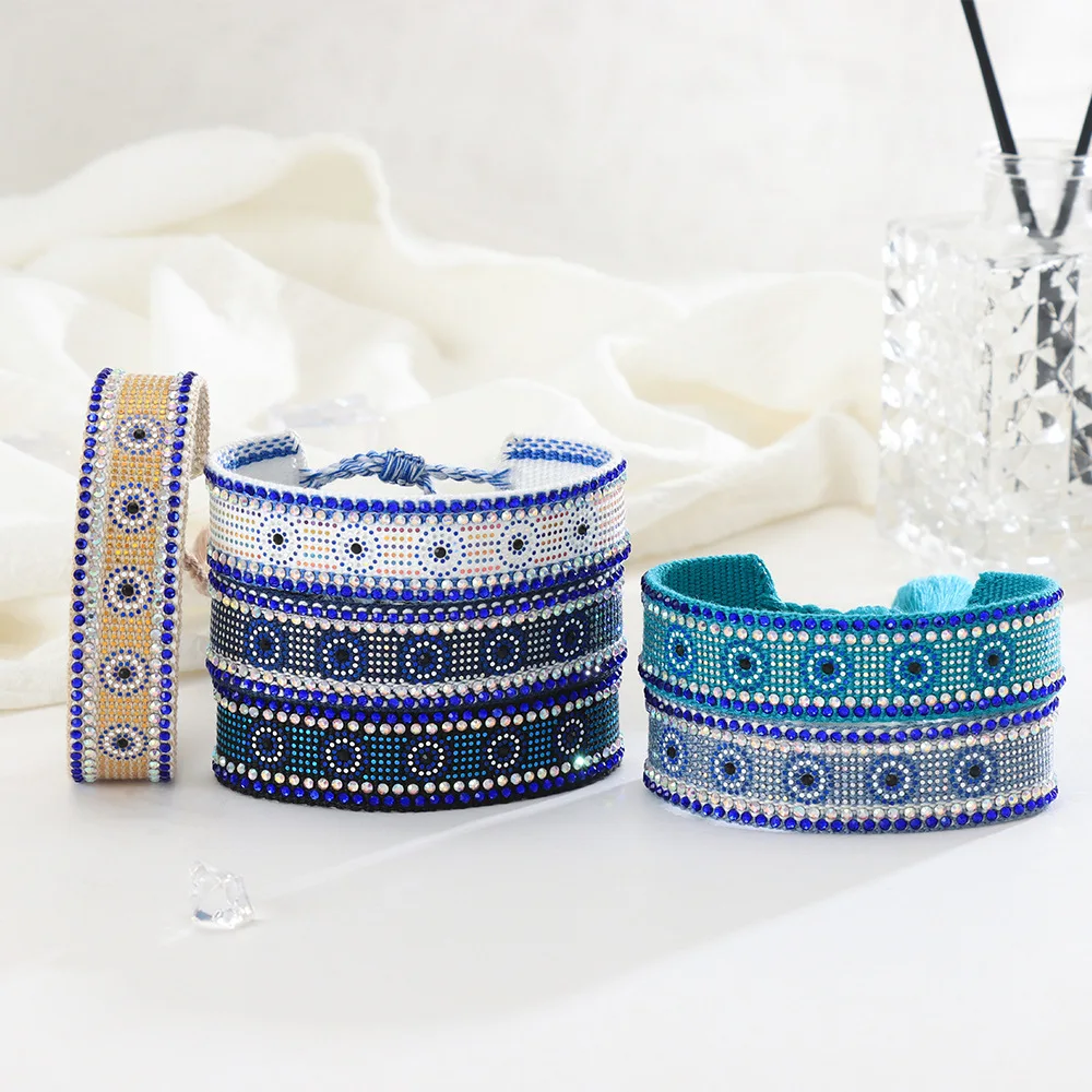 Hot Selling Sparkling Rhinestone Bracelet Turkey Blue Eyes Woven Bracelet Lucky Handmade Tassel Hand Rope Designer Jewelry