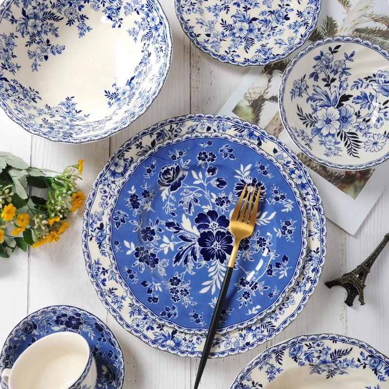 Wholesale Nordic Blue and White Underglaze Ceramic Dinner Plate and Cooffe set