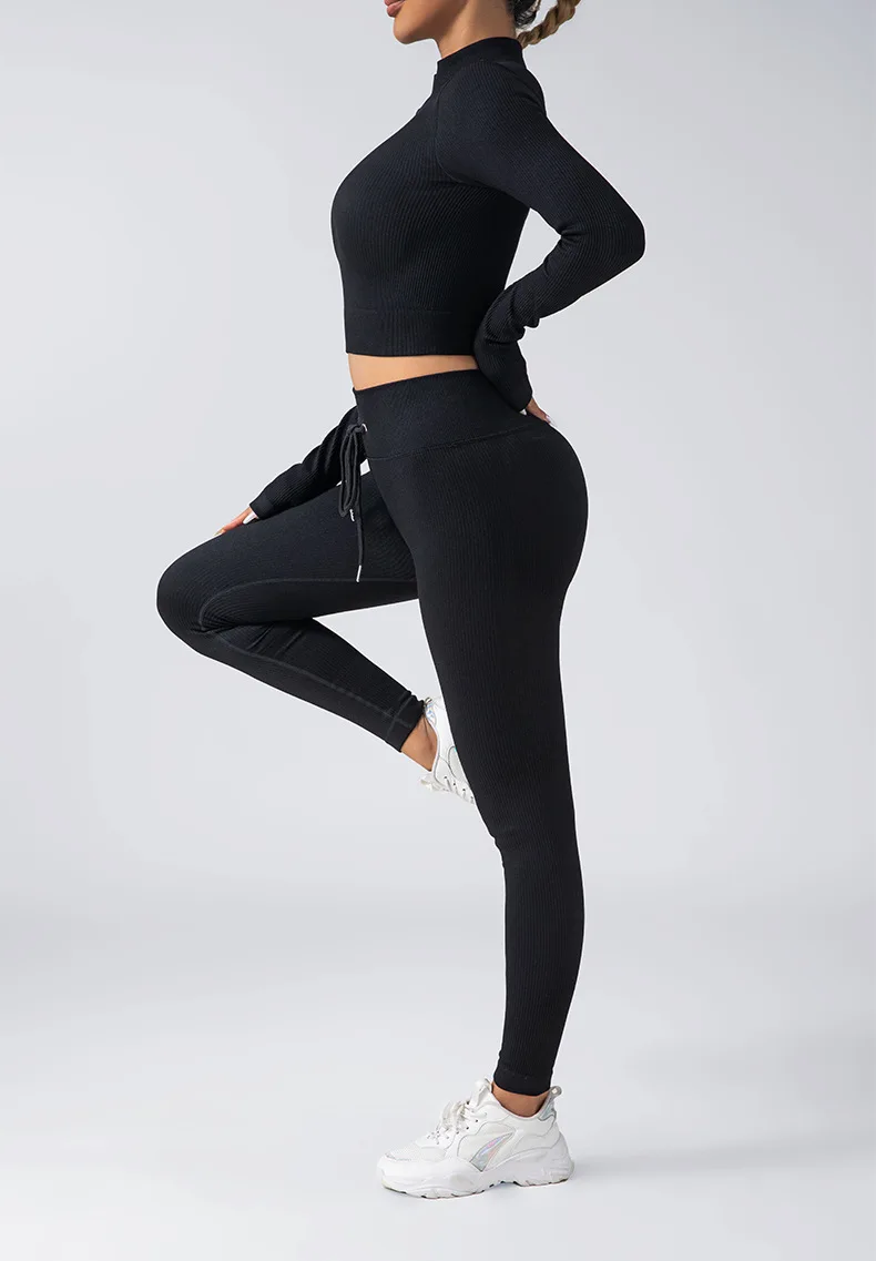NEW Women  Yoga Wear 2-Pcs Set Zips  Long Sleeve Drawstring Pants Seamless Push Up Sports Wear And Fitness